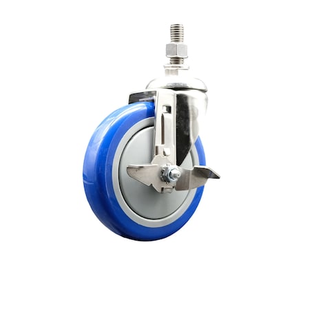 Service Caster 5 Inch 316SS Blue Polyurethane Swivel 1/2 Inch Threaded Stem Caster with Brake SS316TS20S514-PPUB-BLUE-TLB-121315